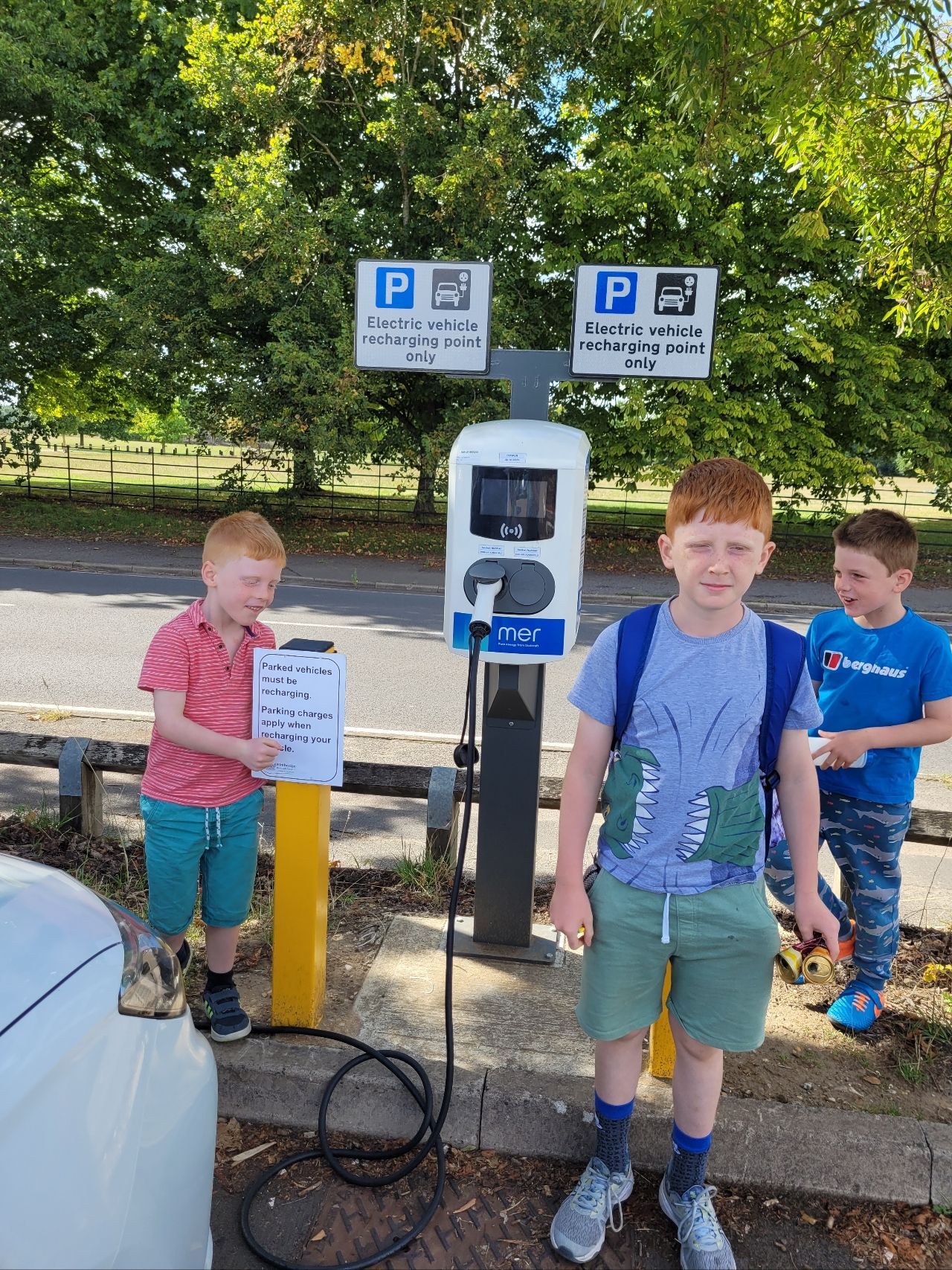 Paul and Eleanor's kidlets at EV charger en-route to Belgium