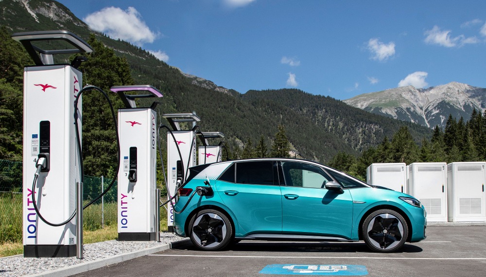 Blue EV charges at Ionity charge points in Switzerland