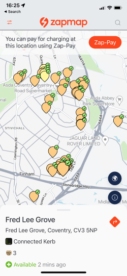 Connected Kerb points on Zapmap app screenshot